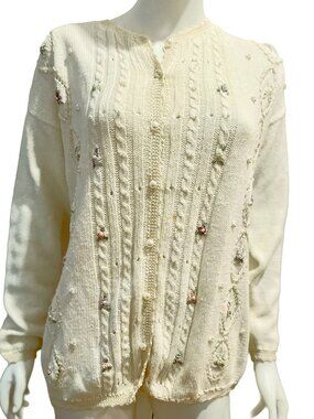 Vintage Shenanigans Embroidered Cottagecore Cardigan, Pearl Buttons, L